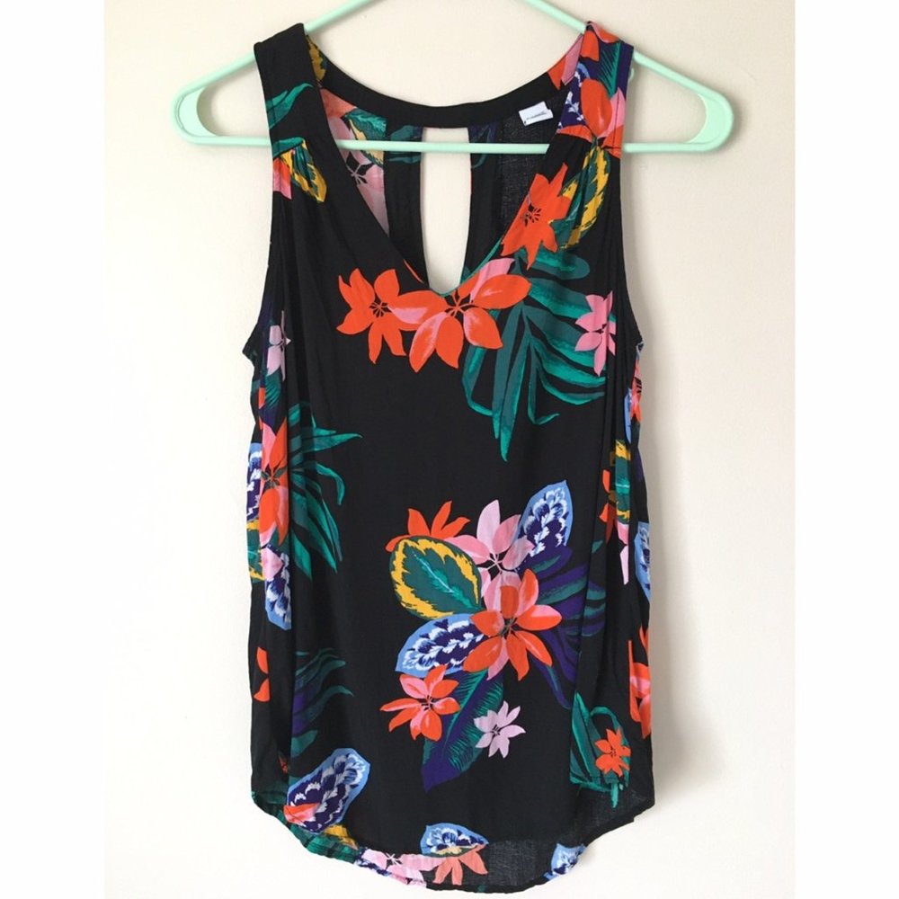 Old Navy Black Tank Top with Tropical Print